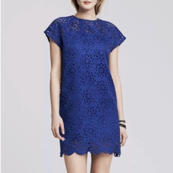 BANANA REPUBLIC BR MONOGRAM Laser Cut Patterned Mini Dress, Royal Blue, Size 0 - Picture 1 of 10